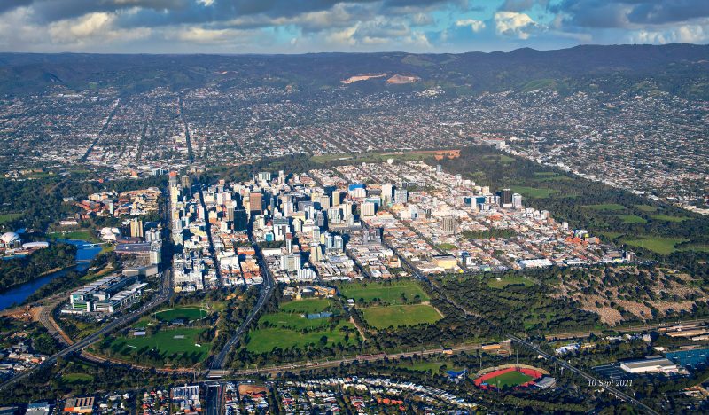 Aerial shot Adelaide - city in a park