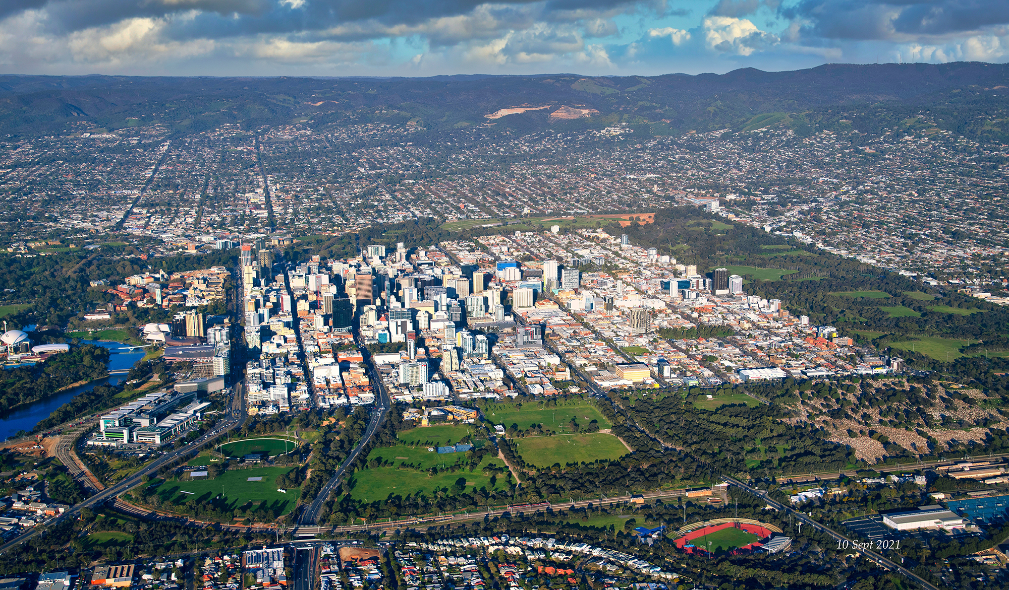 Aerial shot Adelaide - city in a park