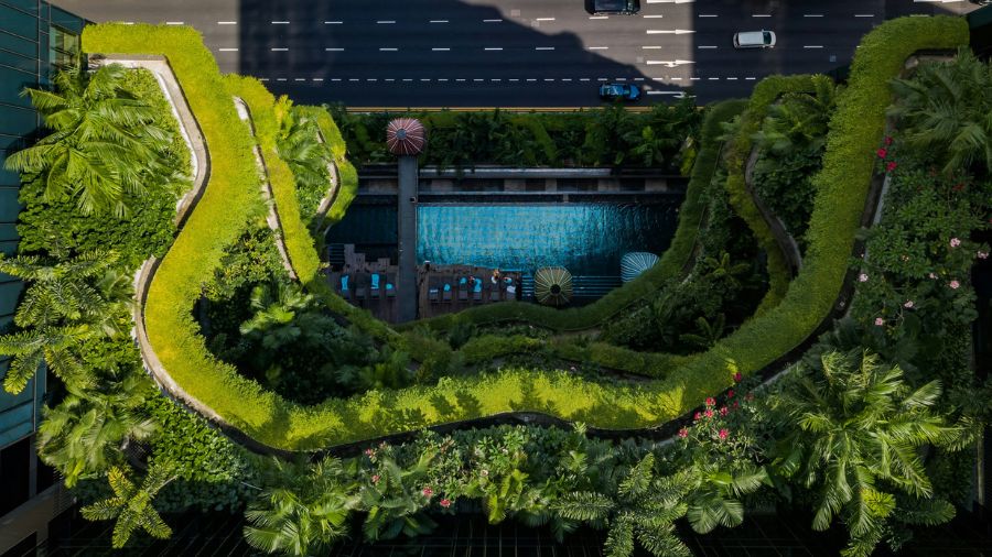 An aerial shot of a building top that has greenery, a pool. and overlooks the road below