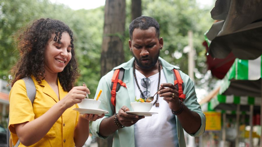 tourists at a food market